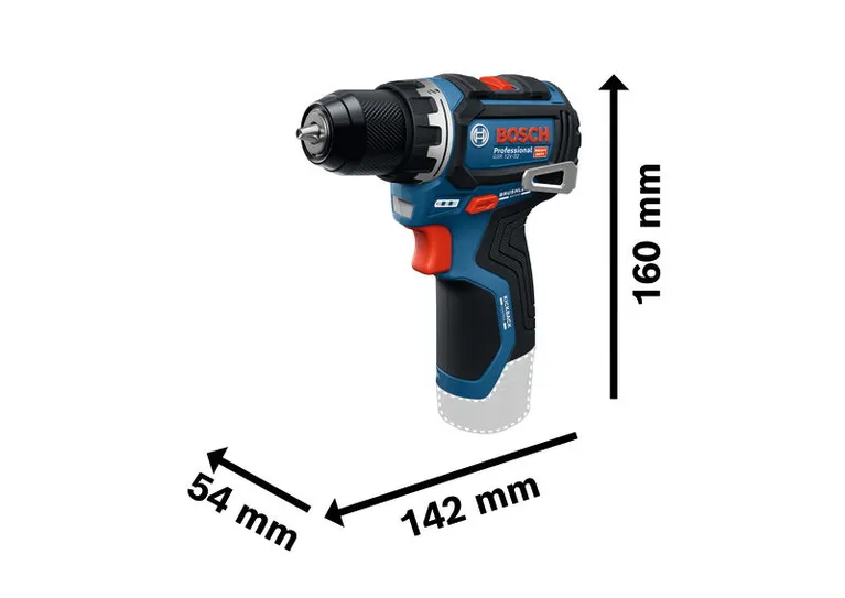 Akumulátorová vrtačka Bosch GSR 12V-32 s uvedenými rozměry.