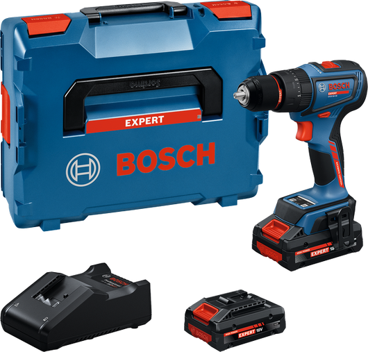 Sada akumulátorových vrtaček Bosch s 18V bateriemi a kufříkem.