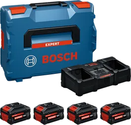 Startovací sada Bosch s kufrem L-BOXX, nabíječkou a čtyřmi 18V bateriemi.