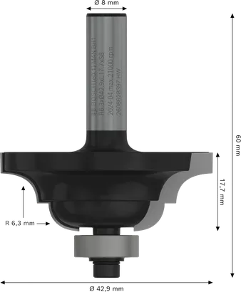 Fréza Bosch PRO s vyklenutím a vyklenutím, poloměr 6,3 mm.