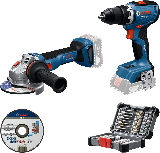 Kombinovaná sada Bosch GSR 18V-65 a GWS 18V-11 s bity a řezným kotoučem.