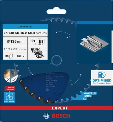 Akumulátorový pilový kotouč Bosch EXPERT z nerezové oceli 136×1,5/1,2×20 mm T30.