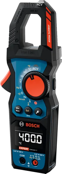 Klešťový multimetr Bosch EXMC600-17 s digitálním displejem.