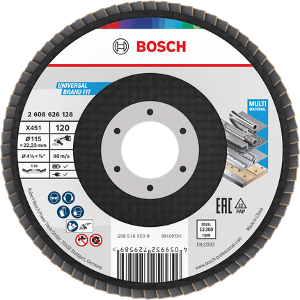 Lamelový kotouč Bosch X451 115 mm G120 pro broušení více materiálů.