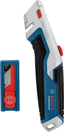 Pouzdro na univerzální nůž a čepel v modrošedém a červeném designu.