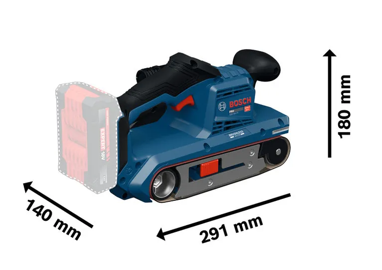 Pásová bruska Bosch GBS18V-75 s délkou 291 mm.