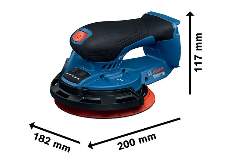 Akumulátorová excentrická bruska Bosch GEX 18V-150-3 s rozměry.