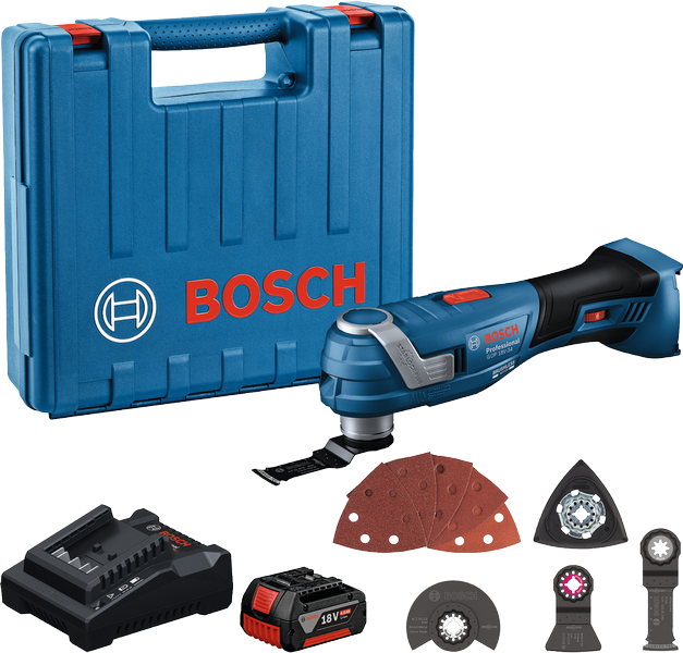 Sada akumulátorového multifunkčního nářadí Bosch GOP 185-LI s příslušenstvím.