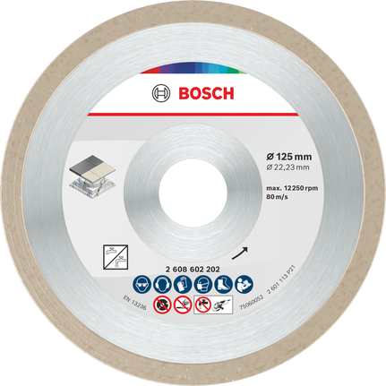 Keramický řezací kotouč Bosch 125 mm pro práci s dlaždicemi.