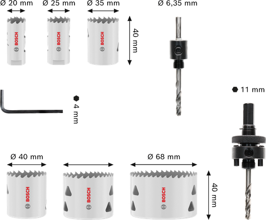 Sada závitových děrových pil Bosch Multi Material, 20–68 mm.