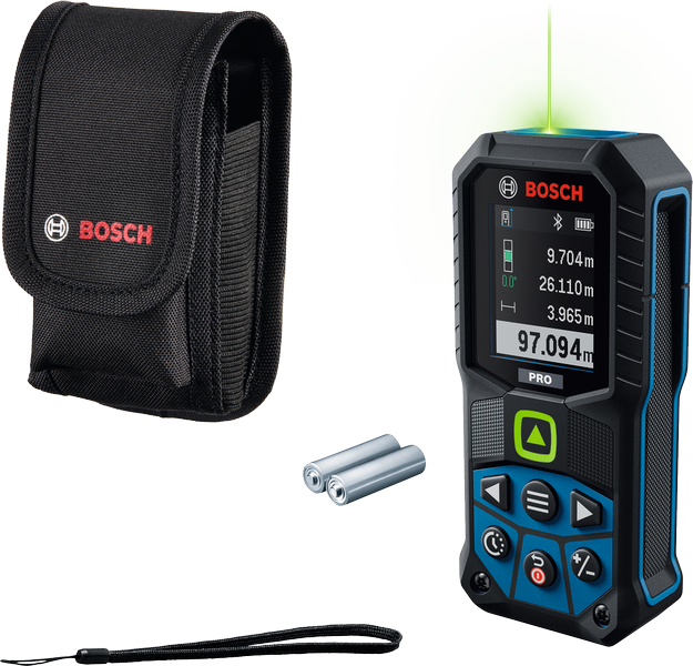Laserový měřič Bosch GLM100-36CG s přepravním pouzdrem.