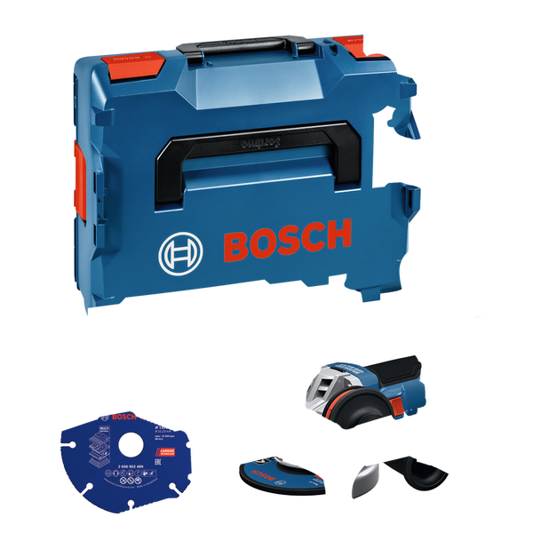 Sada úhlové brusky Bosch GWS 18V-11 S s karbidovým řezným kotoučem.