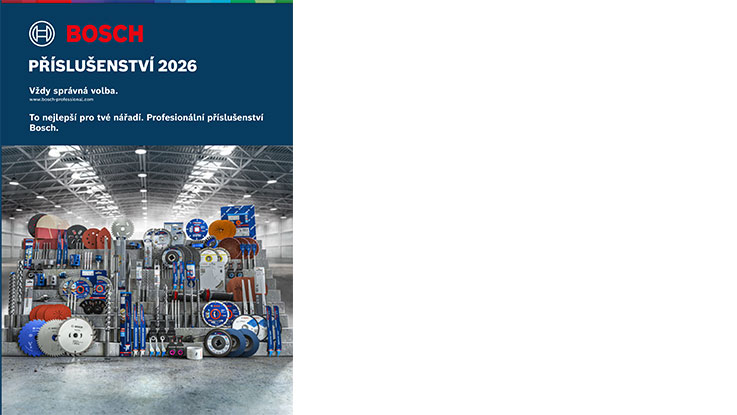 Obrázek ukazuje regály s různými nástroji a příslušenstvím značky Bosch v moderním prostoru.