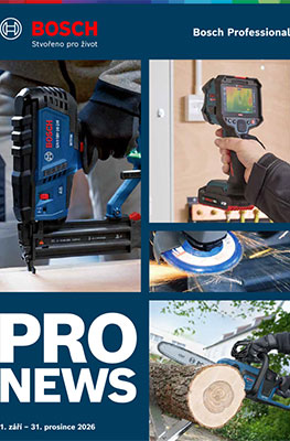 Na obrázku je plakát Bosch Professional s různými nástroji, jako je akumulátorová hřebíkovačka a pila.