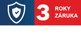 Logo s modrým štítem a nápisem "3 roky záruka" na červeném pozadí.
