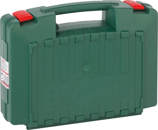 Bosch Kunststoffkoffer mit Griff und sicheren roten Verschlüssen.