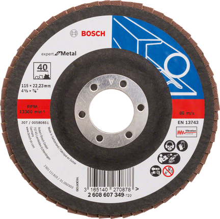 Bosch Fächerscheibe X551 für Metall, Körnung 40, 115 mm Durchmesser.
