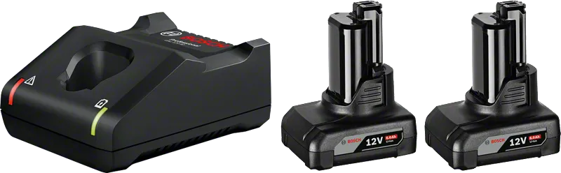 Bosch 12V Starterset mit Ladegerät und zwei Akkus.