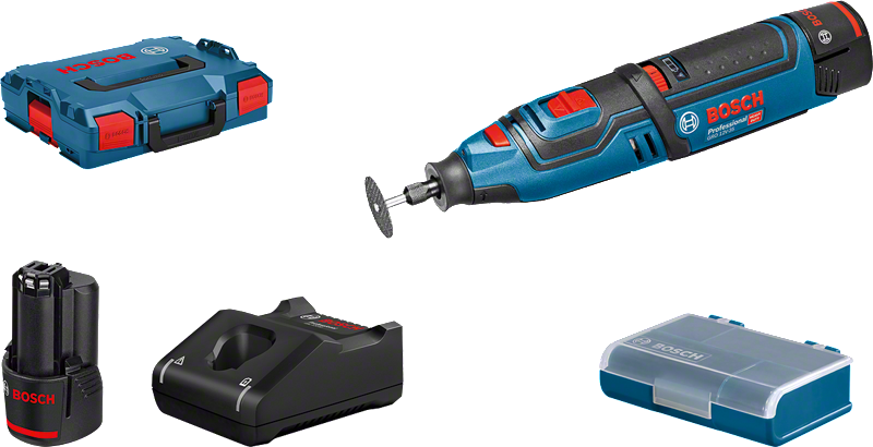 Bosch GRO 12V-35 Akku-Rotationswerkzeug-Set mit Zubehör.