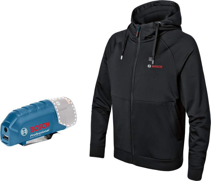 Beheizte Jacke von Bosch mit GAA 12V-21 USB-Adapter.