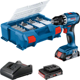 Bosch GSR 18V-45 Bohrmaschinen-Set mit Koffer, Akku und Ladegerät.