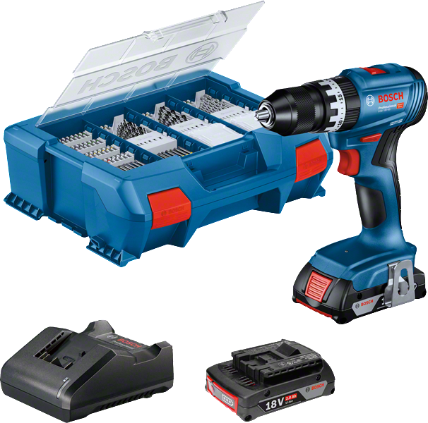 Bosch GSB 18V-45 Akku-Bohrschrauber-Set mit Zubehör.