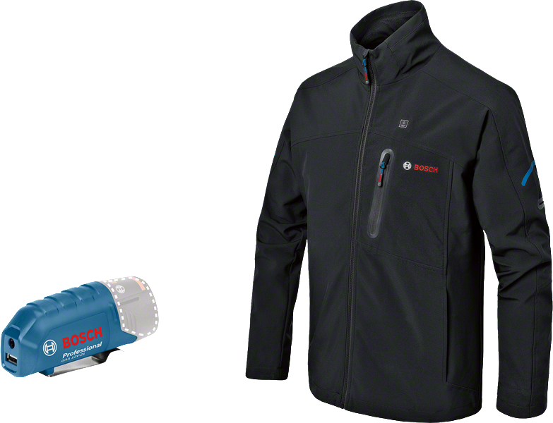Beheizte Jacke von Bosch mit USB-Akkuadapter.