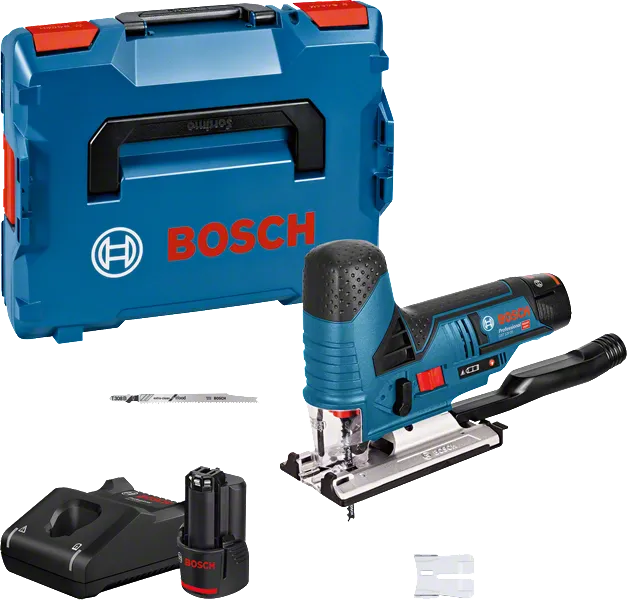Bosch GST 12V-70 Akku-Stichsäge mit Akku, Ladegerät und Koffer.