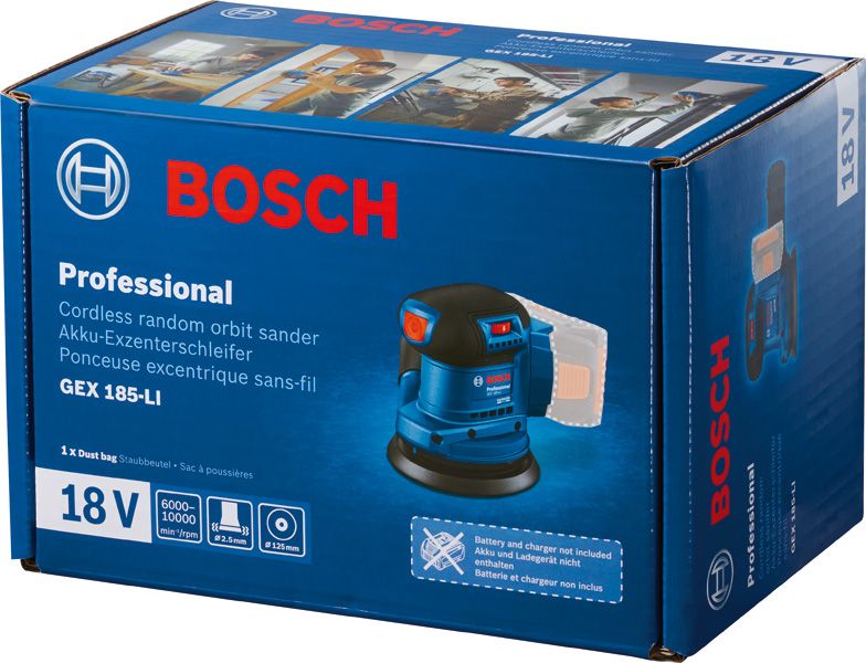 Akku-Exzenterschleifer mit Staubbeutel, abgebildet auf einer blauen Produktverpackung.