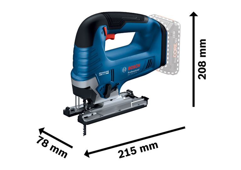 Akku-Stichsäge GST 18V-125 B von Bosch mit abgebildeten Abmessungen.