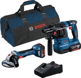 Bosch 18V Kombi-Set mit Winkelschleifer, Bohrhammer, Ladegerät und Tasche.
