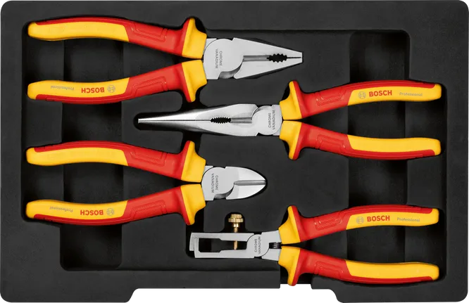 Bosch VDE vierteiliges isoliertes Zangenset in Schale.