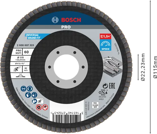 Bosch PRO X571 Fächerscheibe 115 mm G60 zum Metallschleifen.