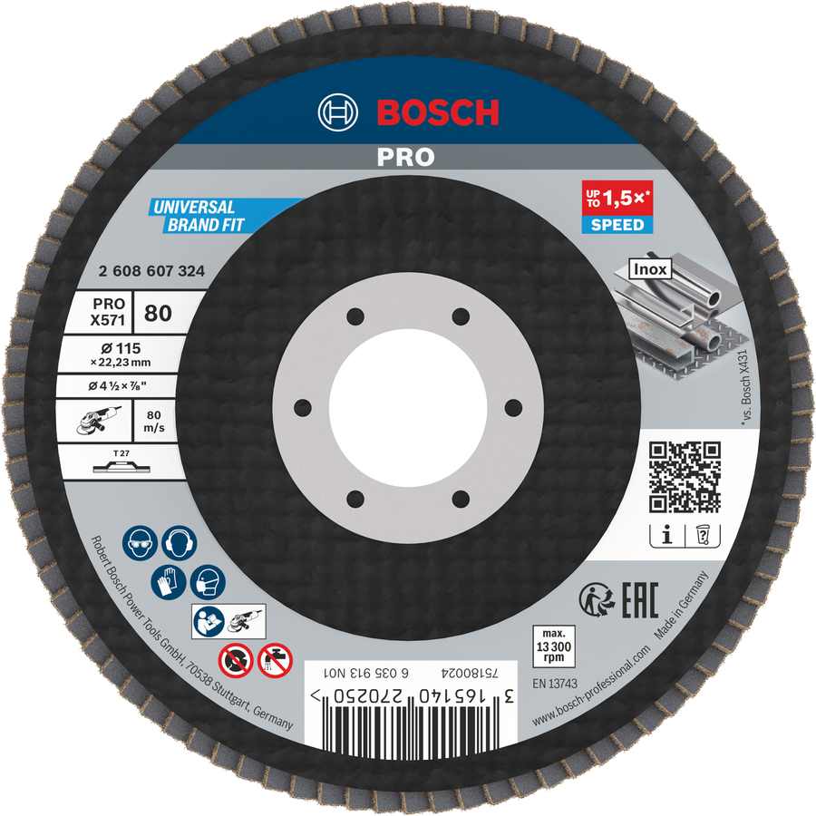 Bosch PRO X571 Fächerscheibe 115 mm G80 zum Metallschleifen.