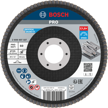 Bosch PRO X571 Fächerscheibe 125 mm G60 zum Metallschleifen.
