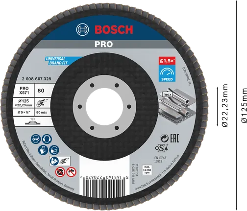 Bosch PRO X571 Fächerscheibe 125 mm G80 zum Metallschleifen.