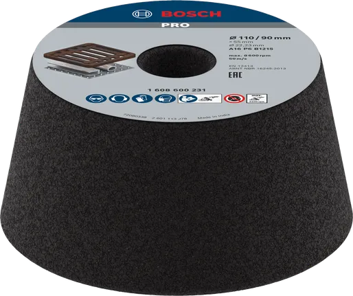 Bosch PRO Metal Konische Topfscheibe G16 zum Schleifen von Metall.