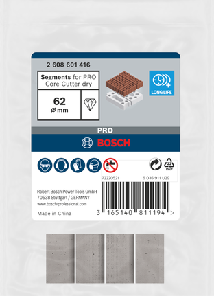 Bosch Segmente für PRO Kernschneider trocken 62 mm Durchmesser.