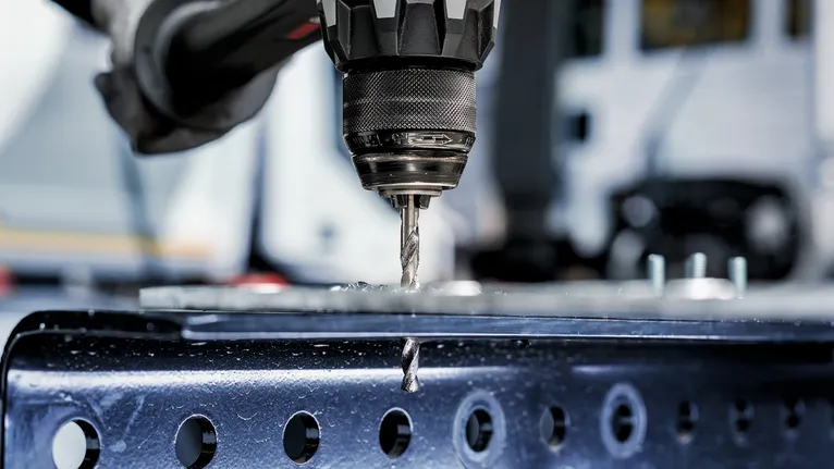 Eine elektrische Bohrmaschine bohrt ein Loch in einen Metallträger.