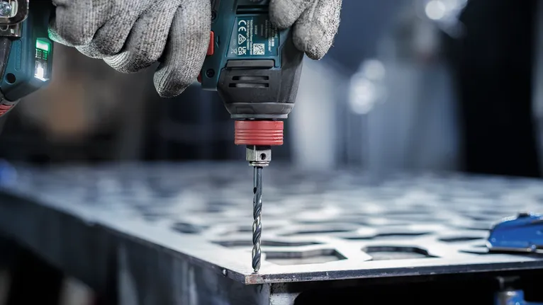 Person mit Schutzausrüstung bohrt in ein Metallblech.