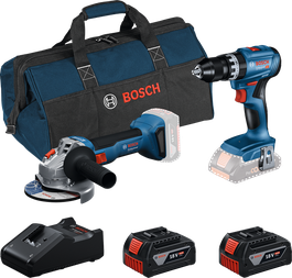 Bosch 18V Kombi-Set mit Bohrmaschine, Winkelschleifer, Ladegerät, Akkus und Tasche.