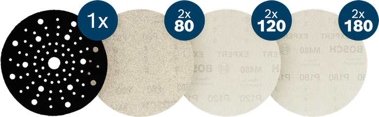 Bosch EXPERT M480 Schleifnetz-Set, 150 mm, verschiedene Körnungen.