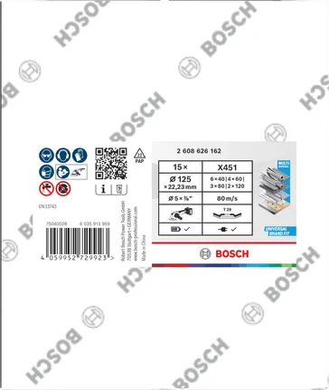 Bosch X451 Fächerscheiben-Set, 15-teilig, gemischte Körnung für Winkelschleifer.