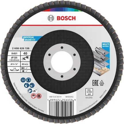 Bosch X451 Fächerscheibe 125 mm G40 für verschiedene Werkstoffe.