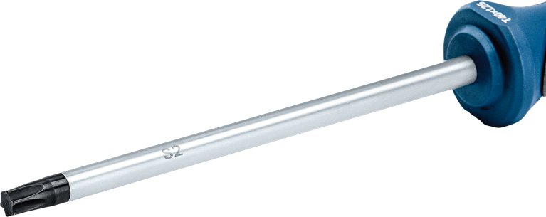 Torx-Schraubendreher mit blauem Griff und langem Metallschaft.