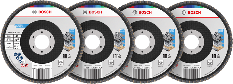 Bosch X451 Fächerscheiben-Set 125 mm, verschiedene Körnungen.