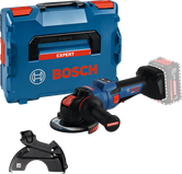 Bosch Akku-Winkelschleifer-Set mit Koffer und Schutzhaube.