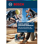 Bosch Professional Werbematerial mit Handwerkern und Werkzeugen auf Holz. Farbige Gestaltung.