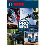Produktbild mit Bosch Professional Werkzeugen, darunter Schleifer und Bohrer, auf blauem Hintergrund.