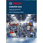 Katalogcover mit Bosch-Logo, Werkzeugzubehör auf Regalen, industrielle Umgebung, helles Licht.
